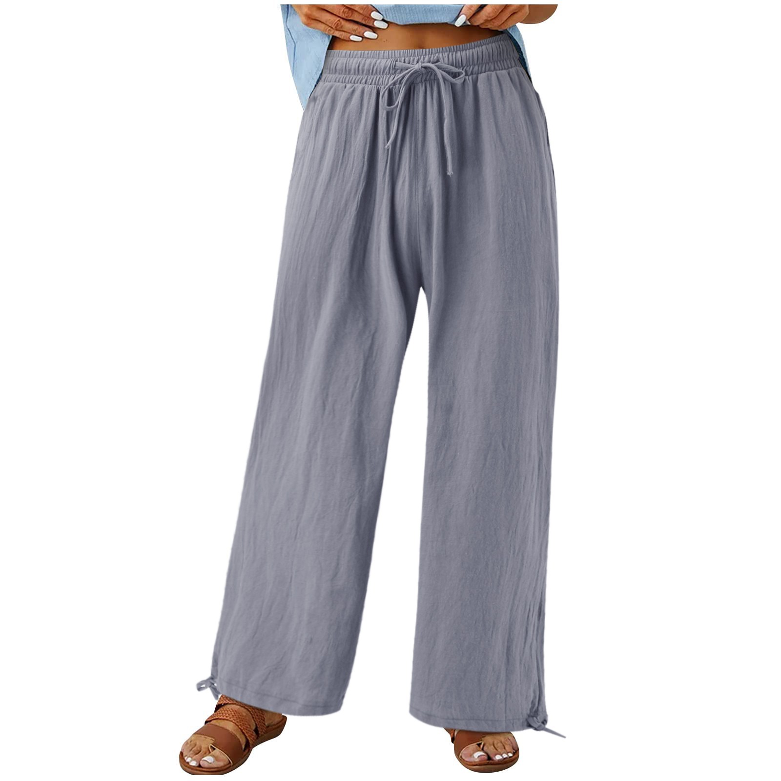 thumbnail image 2 of Pantalones holgados de algodón para mujer: pantalones de cintura alta con cordón, 90 % algodón/10 % poliéster, trabajo/ocio, todas las estaciones, 2 of 8